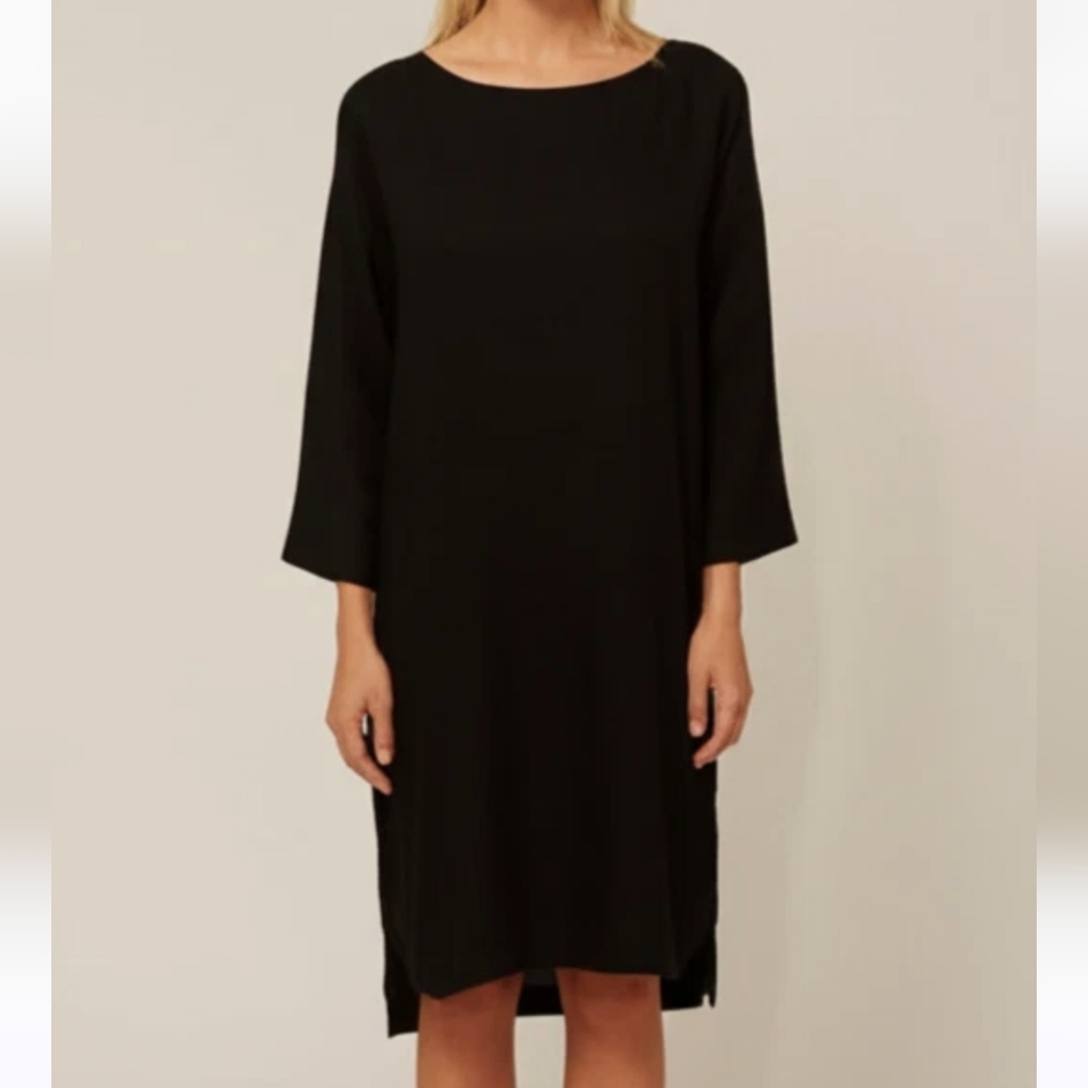 Eileen Fisher 100% Organic Linen Sz XS Oversized Black Tunic Top Dress Lagenlook